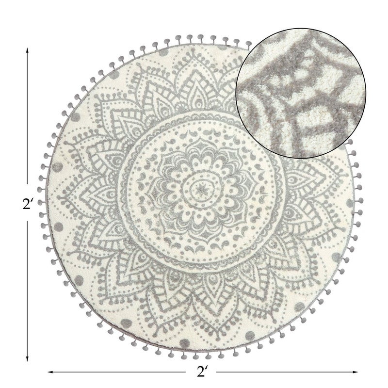Uphome Small Round Rug 2â€™ Boho Beige and Grey Bathroom Rug with Pom Poms Fringe Washable Mandala Circle Shower Mat Soft Non-Slip Cute Circular Throw Rug for Sink Powder Room Kids Room Nursery - Image 5
